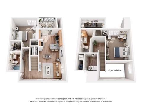 A floor plan of a two-story apartment with a kitchen, living room, and bedrooms.